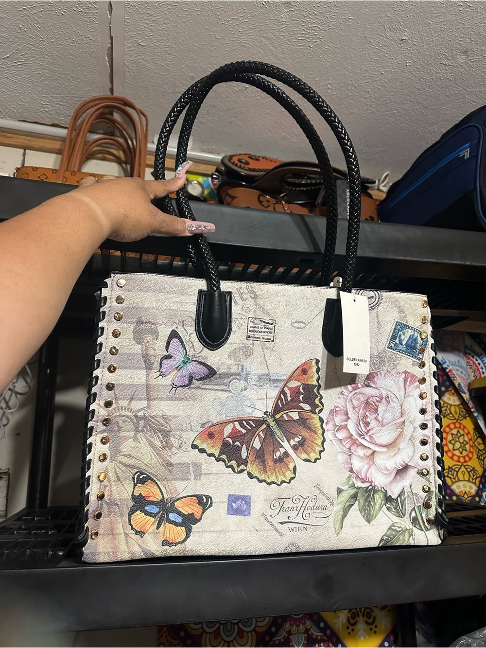 Butterfly & Floral Tote Bag with Black Braided Handles